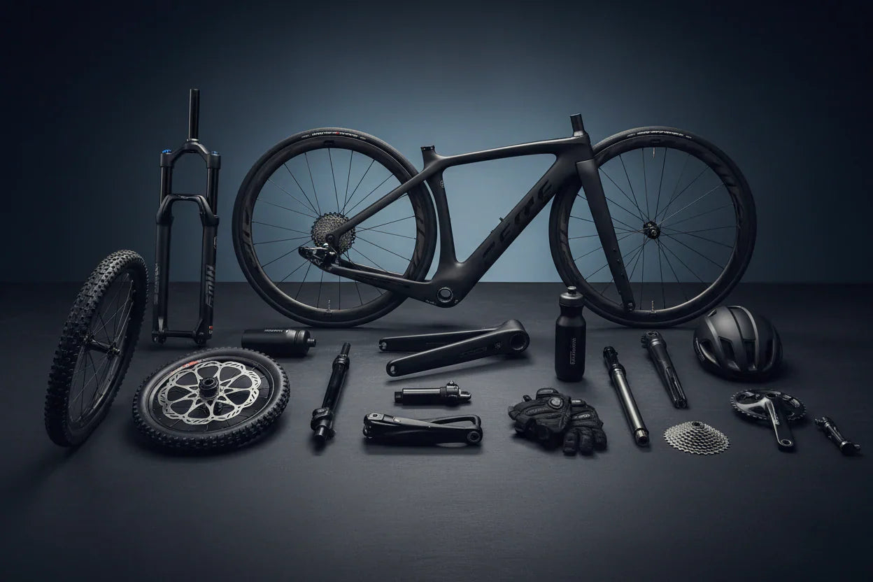 Black bicycle components laid out on a dark surface with a dark background